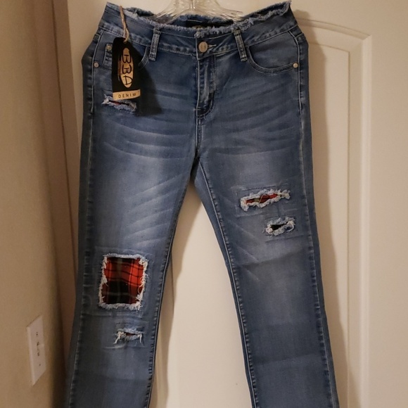 ripped jeans with flannel patches